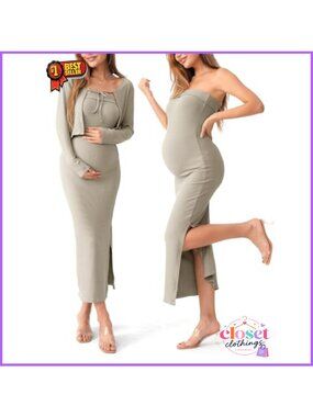 Maternity Tube Dress & Tie Front Cropped Cardigan Set Bodycon Maxi